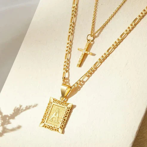 Cross Initial Necklace Set