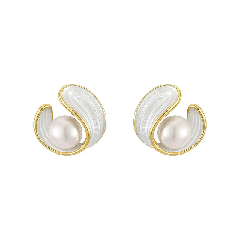 Gold Swirl Pearl Stud Earrings