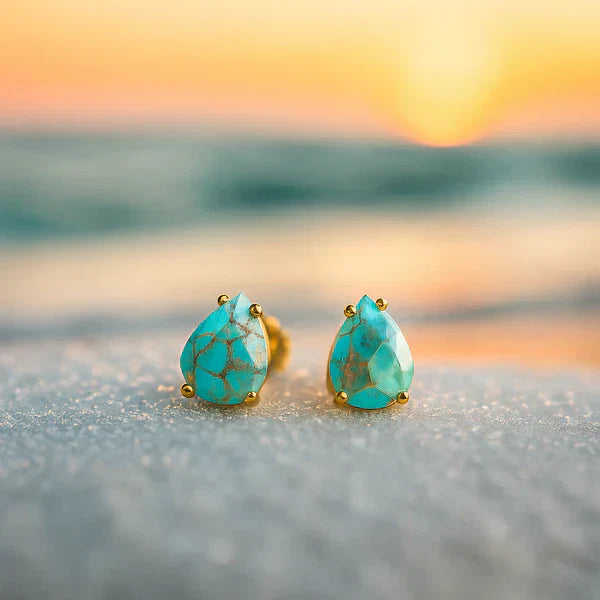 1+1 Offer: Vintage Turquoise Inlaid Stone Gold &amp; Silver Ring + Mediterranean Tears – Turquoise Stone Stud Earrings