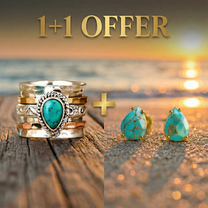 1+1 Offer: Vintage Turquoise Inlaid Stone Gold &amp; Silver Ring + Mediterranean Tears – Turquoise Stone Stud Earrings