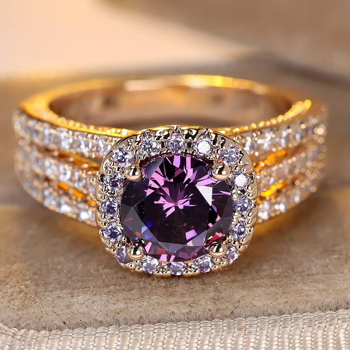 Gold Amethyst Halo Ring
