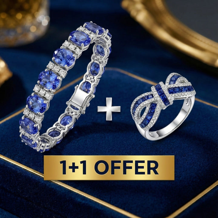 1+1 Offer: Oval &amp; Round Cut Blue Tanzanite Bracelet + Knot Round Cut Blue Sapphire Wedding ring