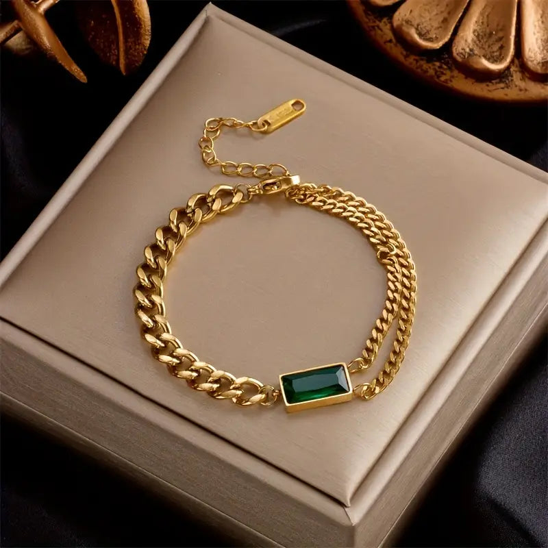 Gold Emerald Bar Chain Bracelet