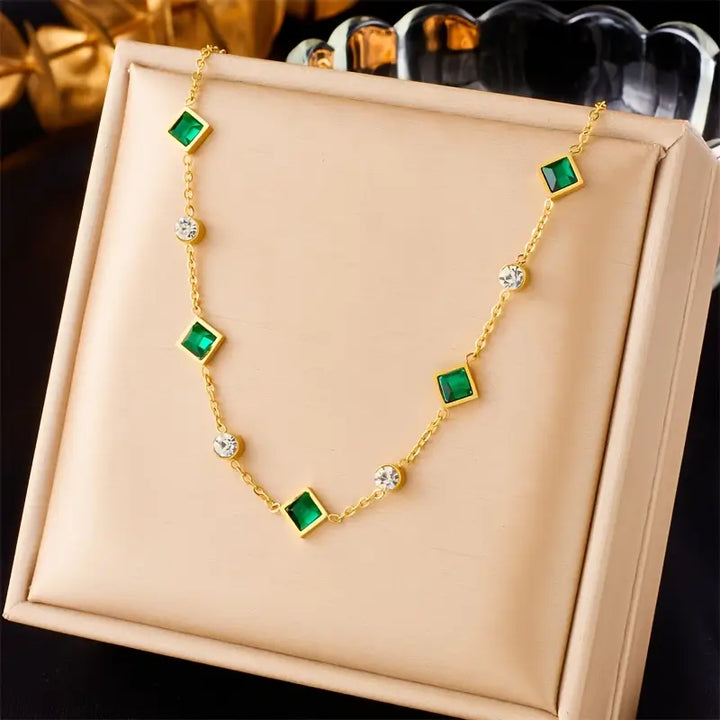 Gold Emerald Geometric Station Necklace