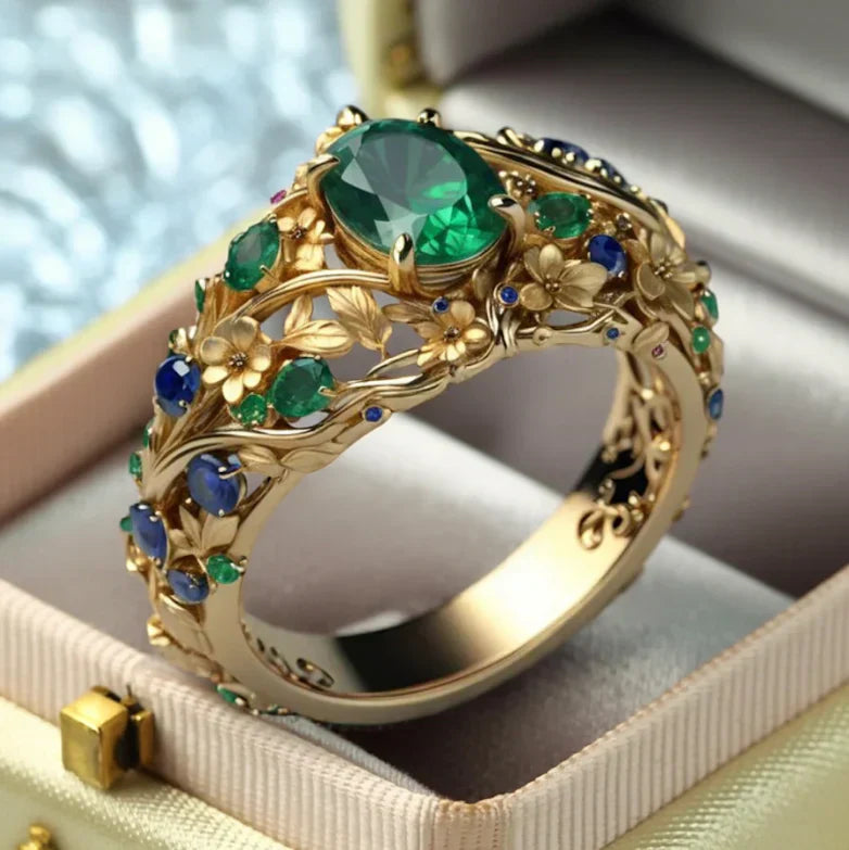 Green &amp; Blue Crystal Gold Ring
