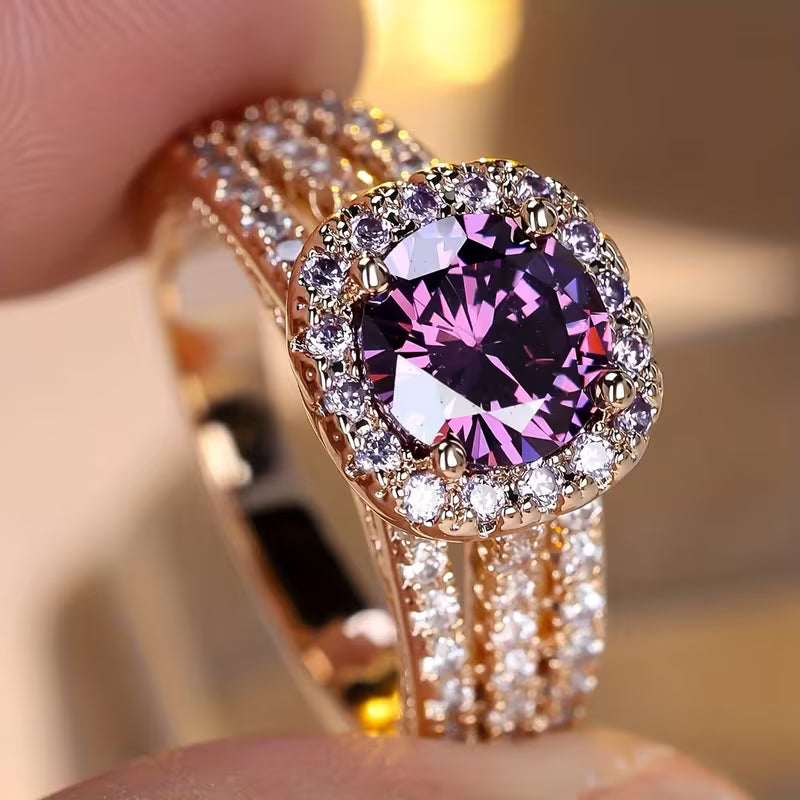 Gold Amethyst Halo Ring