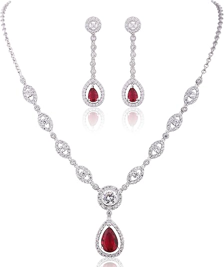 Ruby Halo Necklace and Earrings Set