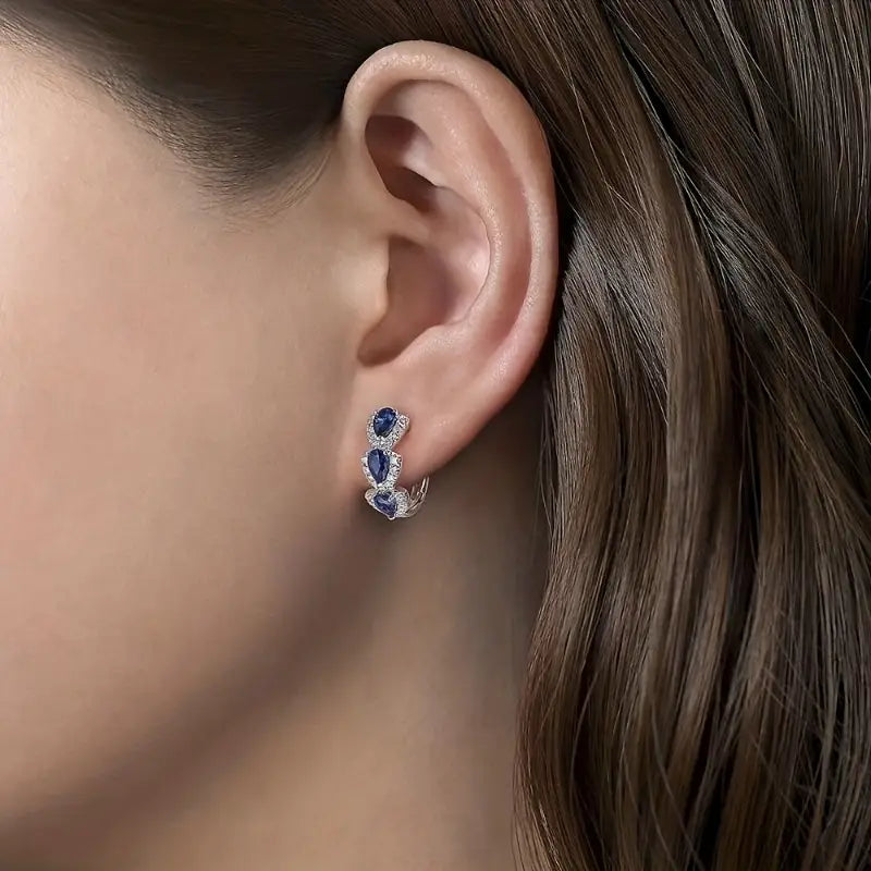 Silver Sapphire Halo Hoop Earrings