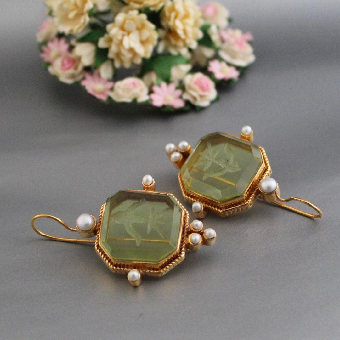 Vintage Green &amp; Pearl Earrings
