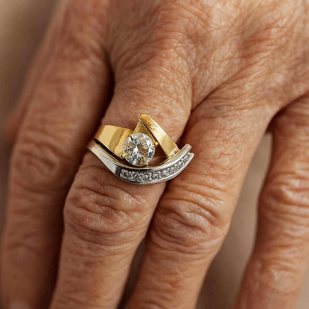 Vintage Irregular Gold &amp; Silver Zirconia Ring