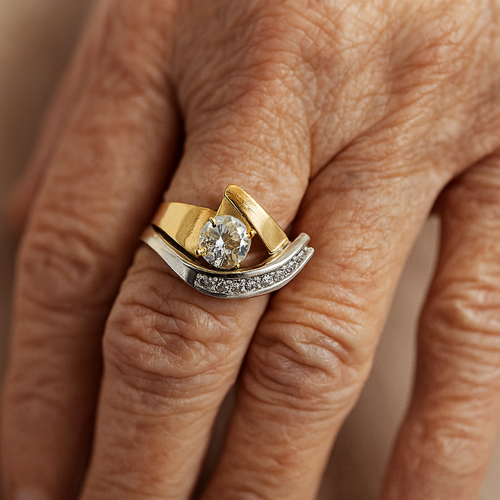 Vintage Irregular Gold &amp; Silver Zirconia Ring