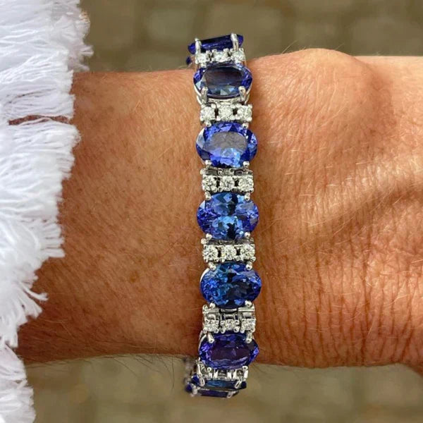 1+1 Offer: Oval &amp; Round Cut Blue Tanzanite Bracelet + Knot Round Cut Blue Sapphire Wedding ring