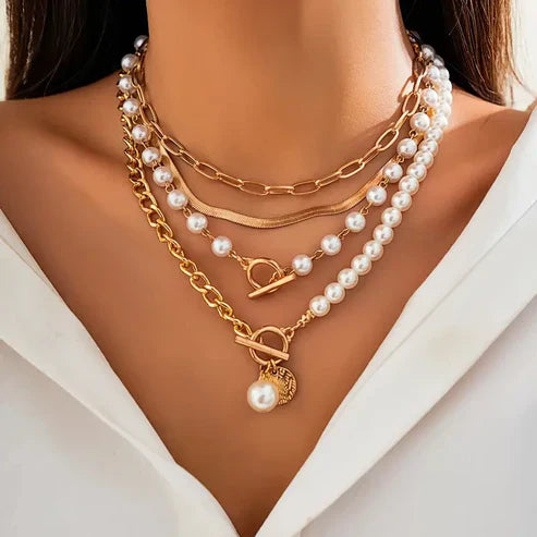 Vintage Pearl & Gold Snake Chain Necklace Set