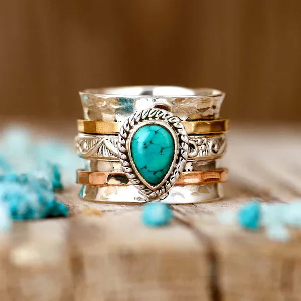 1+1 Offer: Vintage Turquoise Inlaid Stone Gold &amp; Silver Ring + Mediterranean Tears – Turquoise Stone Stud Earrings