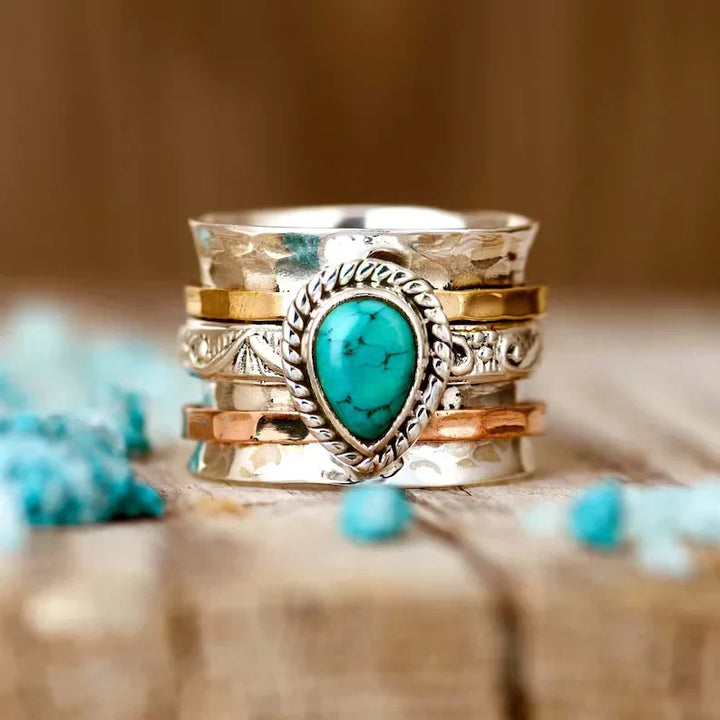 Vintage Turquoise Inlaid Stone Gold &amp; Silver Ring
