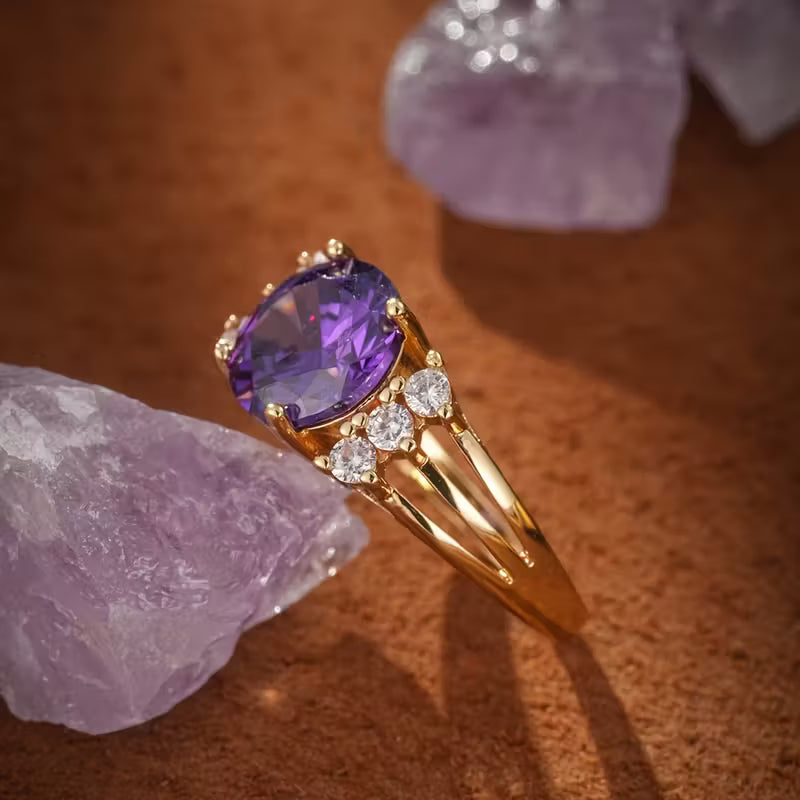 Gold Amethyst Split Shank Ring