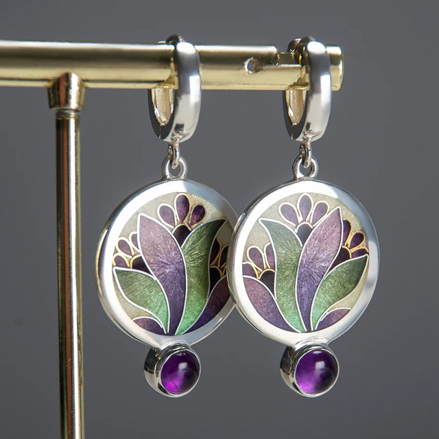 Boho earrings with purple crystals made of silver