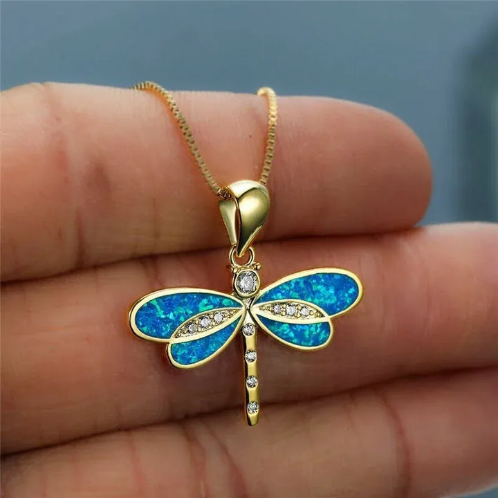 Dragonfly Necklace in Gold with Opal 1