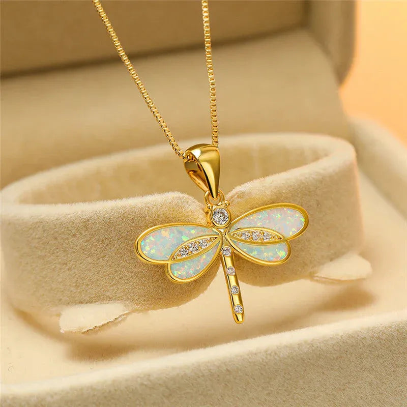 Dragonfly Necklace in Gold with Opal 1