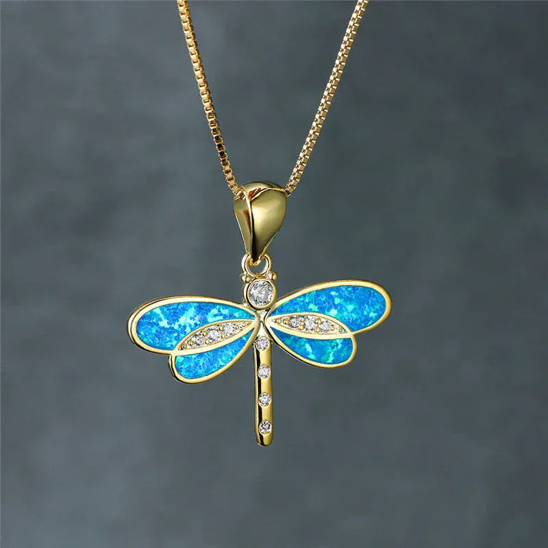 Dragonfly Necklace in Gold with Opal 1