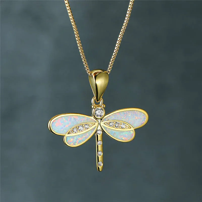 Dragonfly Necklace in Gold with Opal 1