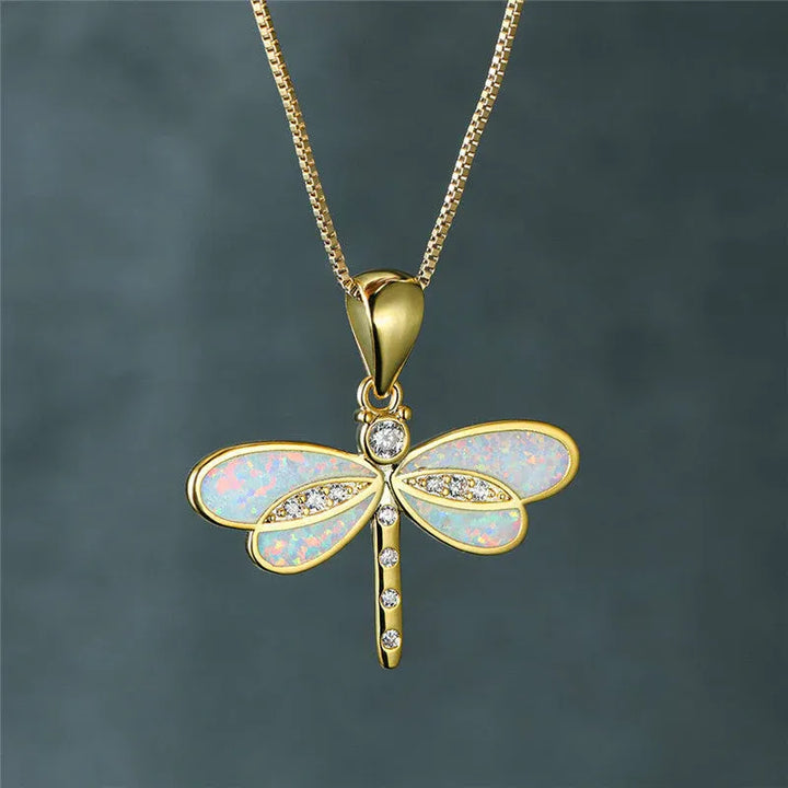 Dragonfly Necklace in Gold with Opal 1