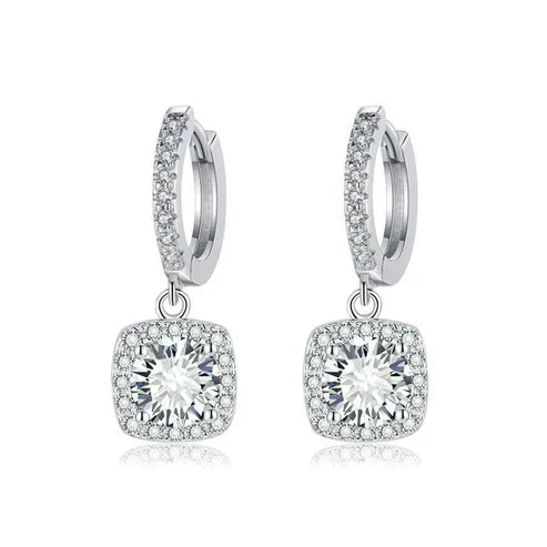 Square Halo Moissanite Drop Earrings