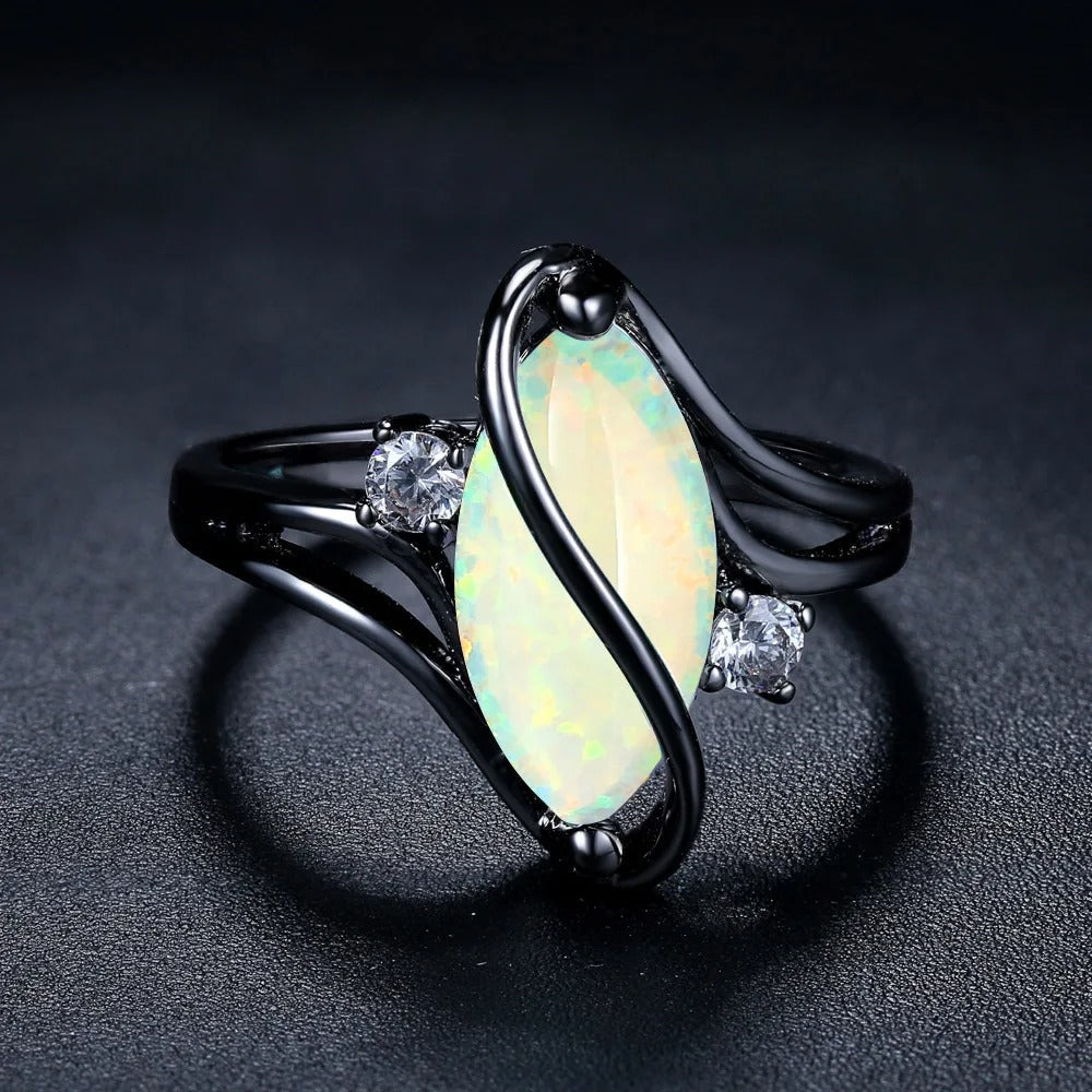 Vintage Black Silver Opal &amp; Crystal Accent Ring